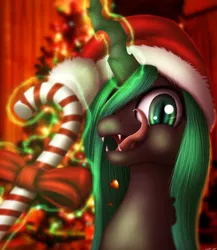Size: 1024x1179 | Tagged: artist:jeki, candy, candy cane, changeling, changeling queen, christmas, christmas changeling, christmas tree, dead source, derpibooru import, food, glowing horn, green changeling, hat, holiday, queen chrysalis, safe, santa hat, solo, tree