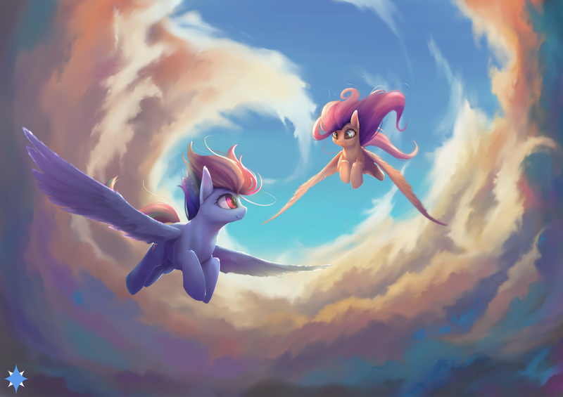 Size: 2483x1754 | Tagged: dead source, safe, artist:noctilucent-arts, derpibooru import, fluttershy, rainbow dash, pegasus, pony, cloud, commission, duo, duo female, epic, female, flying, friendshipping, inspirational, looking at each other, mare, sky, smiling, spread wings, vertigo, wings