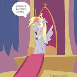 Size: 900x900 | Tagged: safe, artist:alasou, deleted from derpibooru, derpibooru import, edit, derpy hooves, alicorn, pegasus, pony, cute, derpicorn, fake alicorn, female, frown, glare, majestic as fuck, mare, muffin queen, no pupils, plunger, plungercorn, plungicorn derpy, race swap, serious, serious face, signature, sitting, solo, spread wings, star wars, throne, wings