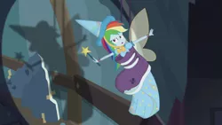 Size: 1272x716 | Tagged: safe, derpibooru import, screencap, rainbow dash, equestria girls, equestria girls series, opening night, clothes, costume, fairy bootmother, majestic as fuck, rainbow dash always dresses in style, school play