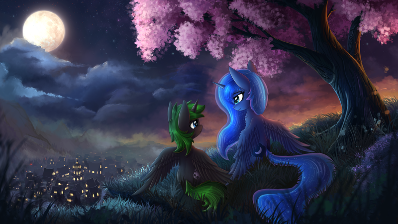 Size: 4000x2250 | Tagged: safe, artist:atlas-66, derpibooru import, princess luna, oc, alicorn, pony, alicorn oc, commission, duo, female, full moon, grass, high res, mare, moon, night, night sky, scenery, scenery porn, sky, smiling, town, tree