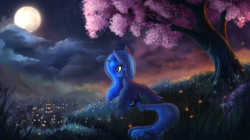 Size: 4000x2250 | Tagged: safe, alternate version, artist:atlas-66, derpibooru import, princess luna, pony, cherry blossoms, cherry tree, female, flower, flower blossom, full moon, looking away, mare, moon, night, ponyville, scenery, scenery porn, sitting, smiling, solo, spread wings, stars, town, tree, under the tree, wings, wings down