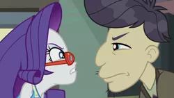 Size: 1272x716 | Tagged: safe, derpibooru import, screencap, cranky doodle donkey, rarity, equestria girls, equestria girls series, happily ever after party, confrontation, glasses, glasses rarity, happily ever after party: rarity, rarity's glasses