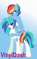 Size: 519x815 | Tagged: artist:superrosey16, backwards cutie mark, derpibooru import, female, lesbian, rainbow dash, safe, shipping, vinyldash, vinyl scratch