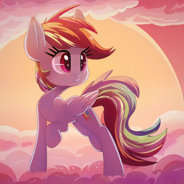 Size: 2000x2000 | Tagged: safe, artist:discorded, derpibooru import, rainbow dash, pegasus, pony, cloud, cute, dashabetes, female, mare, raised hoof, sky, solo, sunset