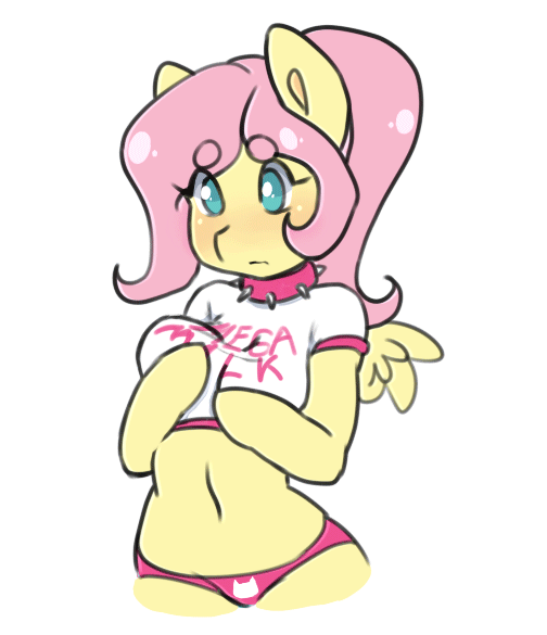 Size: 504x585 | Tagged: adorasexy, animated, anthro, arm hooves, artist:tolsticot, belly button, blinking, blushing, breasts, busty fluttershy, clothes, collar, cute, derpibooru import, female, fluttershy, frame by frame, frown, mare, mega milk, meme, midriff, panties, pegasus, pink underwear, sexy, shirt, shyabetes, simple background, solo, solo female, spiked collar, suggestive, underwear, white background