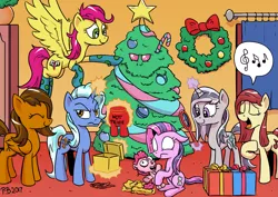 Size: 2631x1860 | Tagged: safe, artist:pony-berserker, derpibooru import, oc, oc:cobalt, oc:dopple, oc:rhythm a cappella, oc:show stopper, oc:stirling silver, oc:sweet words, unofficial characters only, pony, candy, candy cane, christmas, christmas tree, clothes, food, hearth's warming, holiday, mirror, not trixie, plushie, present, singing, socks, tree, wreath