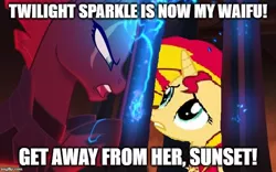 Size: 664x414 | Tagged: safe, derpibooru import, edit, edited screencap, screencap, sunset shimmer, tempest shadow, pony, unicorn, my little pony: the movie, anti-shipping, eye scar, female, image macro, impact font, implied lesbian, implied shipping, implied sunsetsparkle, implied tempestlight, mare, meme, open up your eyes, scar, waifu, waifu thief