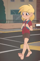 Size: 1661x2568 | Tagged: anklet, artist:padoga, backpack, barefoot, barefooting, city, clothes, commission, derpibooru import, dinky hooves, feet, human, humanized, safe, shorts, smiling, toe ring, walking, wrong eye color