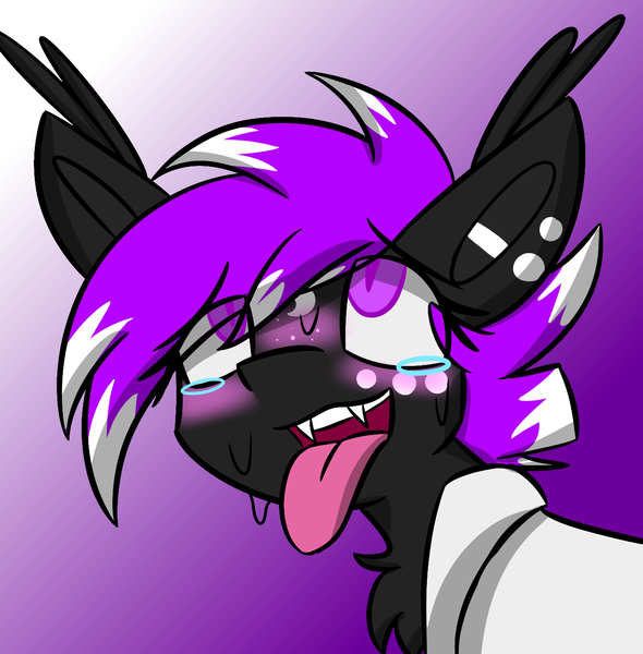 Size: 1316x1338 | Tagged: safe, artist:askhypnoswirl, derpibooru import, oc, unofficial characters only, bat pony, pony, ahegao, bat pony oc, blushing, bust, clothes, eyes rolling back, gradient background, lab coat, open mouth, solo, tongue out