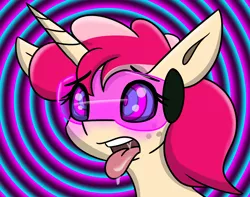 Size: 3114x2460 | Tagged: safe, artist:askhypnoswirl, derpibooru import, oc, oc:lexxi, unofficial characters only, pony, unicorn, ahegao, bust, drool, horn, hypnogear, hypnosis, open mouth, swirly eyes, tongue out, unicorn oc, visor