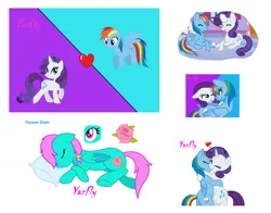 Size: 2148x1688 | Tagged: safe, artist:yazfly247, derpibooru import, rainbow dash, rarity, oc, oc:flower dash, pegasus, pony, unicorn, collage, eyes closed, female, floppy ears, flying, heart, lesbian, looking at each other, magical lesbian spawn, mare, offspring, open mouth, parent:rainbow dash, parent:rarity, parents:raridash, pillow, raridash, shipping, simple background, sleeping, smiling, tongue out, white background