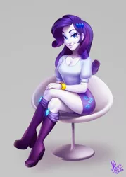 Size: 847x1183 | Tagged: safe, artist:lui-ra, derpibooru import, rarity, equestria girls, beautiful, bedroom eyes, blue eyes, boots, braces, breasts, chair, cleavage, clothes, crossed legs, cute, eyeshadow, female, gray background, high heel boots, legs, looking at you, makeup, nail polish, purple hair, shirt, shoes, signature, simple background, sitting, skirt, smiling, solo