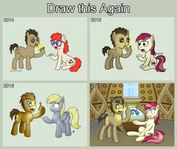 Size: 2680x2260 | Tagged: safe, artist:mkogwheel, derpibooru import, derpy hooves, doctor whooves, roseluck, time turner, twist, earth pony, pegasus, pony, art evolution, doctor who, draw this again, eye reflection, female, fob watch, glasses, hoof hold, male, mare, reflection, stallion, tardis
