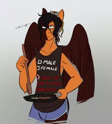 Size: 1316x1454 | Tagged: anthro, anthro oc, apron, artist:blackblood-queen, bacon, clothes, cooking, derpibooru import, dracony, egg, food, hybrid, male, meat, oc, oc:daniel dasher, pegasus, safe, sigh, solo, stallion, tired, unofficial characters only, vulgar