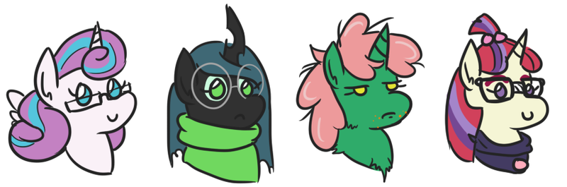 Size: 868x288 | Tagged: safe, artist:jargon scott, derpibooru import, moondancer, princess flurry heart, queen chrysalis, oc, oc:dewdrop sunshine, alicorn, changeling, changeling queen, pony, unicorn, bust, dork, dorkalis, female, frown, glasses, mare, nerd, nerd pony, nerdy heart, simple background, smiling, white background