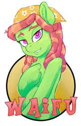 Size: 413x638 | Tagged: safe, artist:hobbes-maxwell, derpibooru import, tree hugger, earth pony, pony, female, green fur, heart eyes, hippie, lidded eyes, looking at you, mare, purple eyes, solo, waifu, waifu badge, wingding eyes