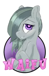 Size: 413x638 | Tagged: safe, artist:hobbes-maxwell, derpibooru import, marble pie, earth pony, pony, female, hair over one eye, heart eyes, lidded eyes, looking at you, mare, simple background, solo, waifu, waifu badge, white background, wingding eyes