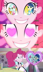 Size: 1280x2160 | Tagged: safe, derpibooru import, bon bon, lyra heartstrings, pinkie pie, sweetie drops, coinky-dink world, eqg summertime shorts, equestria girls, rainbow rocks, female, heart eyes, lesbian, lyrabon, pinkie the shipper, server pinkie pie, shipper on deck, shipper pie, shipping, thinking, wingding eyes