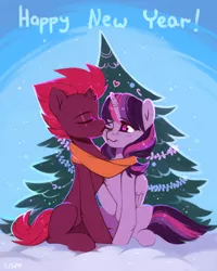 Size: 2160x2700 | Tagged: safe, artist:lispp, derpibooru import, fizzlepop berrytwist, tempest shadow, twilight sparkle, twilight sparkle (alicorn), alicorn, pony, unicorn, my little pony: the movie, broken horn, christmas, christmas tree, clothes, duo, eye scar, eyes closed, female, heart, holiday, kissing, lesbian, mare, scar, scarf, shared clothing, shared scarf, shipping, smiling, tempestlight, tree