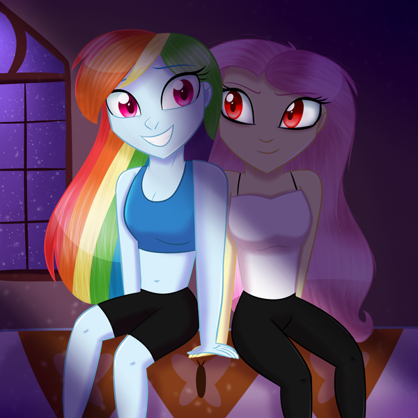 Size: 1920x1920 | Tagged: safe, artist:mlp-firefox5013, derpibooru import, fluttershy, rainbow dash, bat pony, vampire, equestria girls, bed, bedroom, clothes, female, flutterbat, flutterdash, lesbian, race swap, red eyes, shipping, sitting, sports bra