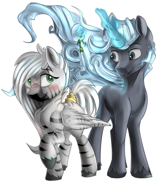 Size: 1420x1636 | Tagged: safe, artist:beardie, derpibooru import, oc, oc:mzuri, oc:northern lights, unofficial characters only, unicorn, zebra, zebrasus, blushing, commission, mistletoe, shipping, zebra oc