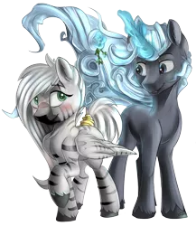 Size: 1420x1636 | Tagged: safe, artist:beardie, derpibooru import, oc, oc:mzuri, oc:northern lights, unofficial characters only, unicorn, zebra, zebrasus, blushing, commission, mistletoe, shipping, zebra oc