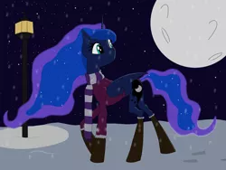 Size: 4096x3072 | Tagged: safe, artist:settop, derpibooru import, princess luna, pony, clothes, moon, scarf, smiling, snow, solo, sweater