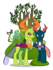 Size: 185x242 | Tagged: brothers, changedling, changedling brothers, changeling, derpibooru import, duo, gameloft, hoof around neck, king thorax, male, pharynx, picture for breezies, prince pharynx, safe, simple background, thorax, throne, to change a changeling, white background