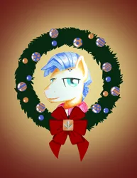 Size: 2550x3300 | Tagged: safe, artist:flutterluv, derpibooru import, spearhead, pegasus, pony, bust, christmas wreath, male, portrait, smiling, solo, stallion, wreath