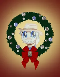 Size: 2550x3300 | Tagged: safe, artist:flutterluv, derpibooru import, burnt oak, earth pony, pony, bust, christmas wreath, male, portrait, smiling, solo, stallion, wreath