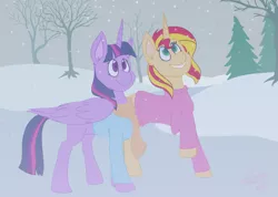 Size: 1024x729 | Tagged: safe, artist:dietzombiebait, derpibooru import, sunset shimmer, twilight sparkle, twilight sparkle (alicorn), alicorn, clothes, female, lesbian, looking up, scarf, shipping, smiling, snow, snowfall, spruce, sunsetsparkle, sweater, tree, winter