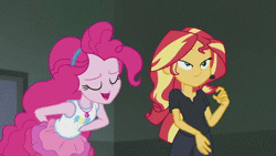 Size: 1280x720 | Tagged: safe, derpibooru import, screencap, pinkie pie, sunset shimmer, all the world's off stage, equestria girls, equestria girls series, all the world's off stage: pinkie pie, animated, cute, diapinkes, director shimmer, geode of sugar bombs, hug, magical geodes, no sound, shimmerbetes, shipping fuel, webm