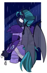 Size: 521x809 | Tagged: safe, artist:redxbacon, derpibooru import, oc, oc:midnight chastise, unofficial characters only, bat pony, armor, bandage, captain, crying, dog tags, night guard, rain