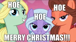 Size: 1920x1080 | Tagged: suggestive, derpibooru import, edit, edited screencap, screencap, dear darling, fond feather, swoon song, pony, hard to say anything, abstract background, bimbettes, christmas, female, heart, heart background, hoe, holiday, image macro, lidded eyes, mare, meme, trio