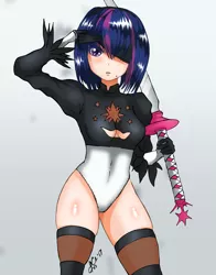 Size: 2550x3254 | Tagged: 2b, artist:manhunterj, breasts, crossover, derpibooru import, female, human, humanized, kira buckland, looking at you, nier: automata, rina-chan, solo, solo female, suggestive, sword, twilight sparkle, voice actor joke, weapon
