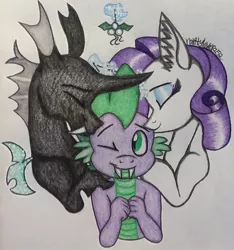Size: 1459x1559 | Tagged: safe, artist:raritylover152, derpibooru import, rarity, spike, thorax, changeling, dragon, pony, unicorn, bisexual, female, gay, kiss on the cheek, kiss sandwich, kissing, male, polyamory, shipping, sparity, straight, thoraxspike, traditional art