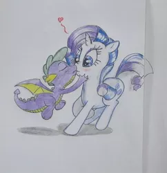 Size: 428x442 | Tagged: safe, artist:hillbe, derpibooru import, rarity, spike, molt down, blushing, female, heart, kissing, male, relativity, shipping, sparity, spoiler, straight, surprise kiss, traditional art, winged spike