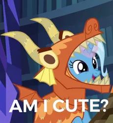 Size: 602x655 | Tagged: safe, derpibooru import, edit, edited screencap, screencap, trixie, pony, unicorn, uncommon bond, bronybait, clothes, costume, cropped, cute, diatrixes, dragon costume, female, glowing horn, mare, smiling, solo