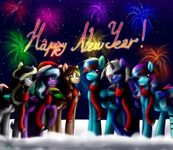 Size: 2148x1877 | Tagged: safe, artist:lada03, derpibooru import, oc, unofficial characters only, bat pony, pegasus, pony, unicorn, bat pony oc, christmas, clothes, female, fireworks, happy new year, hat, holiday, looking at you, male, mare, santa hat, scarf, smiling, snow, stallion