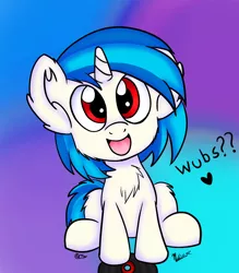 Size: 1400x1600 | Tagged: adorable face, artist:chicasparkle, artist:viejillox64art, chest fluff, chibi, collaboration, cute, derpibooru import, ear fluff, looking at you, safe, smiling, solo, talking to viewer, vinylbetes, vinyl scratch, waifu, wrong eye color