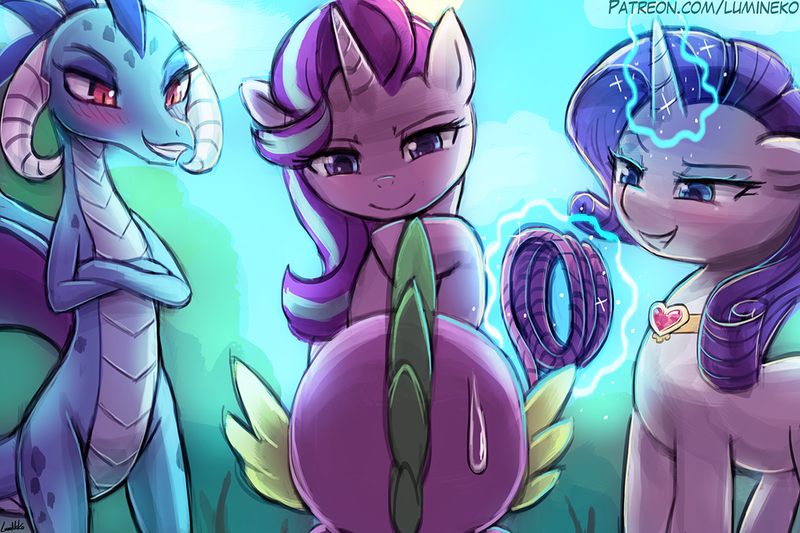 Size: 1125x750 | Tagged: suggestive, artist:lumineko, derpibooru import, princess ember, rarity, spike, starlight glimmer, dragon, pony, all the mares get spike, and then spike was a man, bedroom eyes, blushing, crossed arms, emberspike, female, femdom, fire ruby, glowing horn, grin, imminent foalcon, imminent sex, imminent snu snu, implied bondage, levitation, magic, male, mare, naughty, naughty grin, naughty smile, raised hoof, raridom, rarispemblight, rope, shipping, smiling, sparity, sparlight, spike gets all the mares, stardom glimmer, straight, sweat, telekinesis, this will end in snu snu