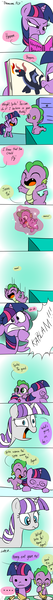 Size: 500x5628 | Tagged: safe, artist:emositecc, derpibooru import, spike, twilight sparkle, twilight velvet, dragon, pony, unicorn, ..., accident, baby, baby spike, book, comic, cute, female, filly, food, image, knocked silly, magic, mare, misinterpretation, pie, png, spikabetes, spike's family, swirly eyes, twiabetes, unconscious, wilight parkle