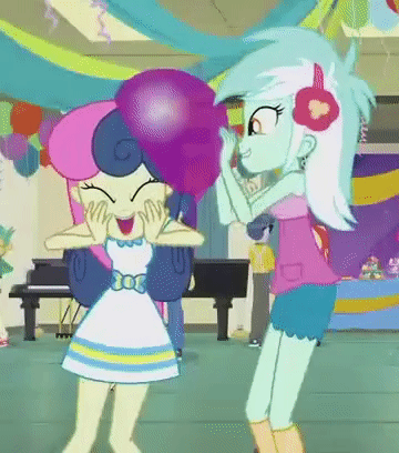 Size: 360x408 | Tagged: safe, derpibooru import, screencap, bon bon, flash sentry, lyra heartstrings, microchips, snails, sunset shimmer, sweetie drops, equestria girls, equestria girls series, happily ever after party, adorabon, amused, animated, balloon, bon bon is amused, cute, eyes closed, female, grin, happily ever after party: rarity, laughing, lyra is amused, lyrabetes, open mouth, party, rubbing, shipping fuel, smiling