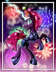 Size: 3000x3856 | Tagged: safe, artist:gray--day, derpibooru import, fizzlepop berrytwist, tempest shadow, pony, my little pony: the movie, armor, broken horn, electricity, eye scar, female, fireworks, fizzlepop's fireworks, hat, mare, open mouth, party hat, party horn, rearing, scar, solo