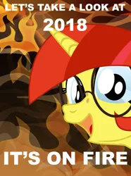 Size: 3728x5000 | Tagged: safe, artist:aaronmk, derpibooru import, oc, oc:lefty pony, unofficial characters only, pony, unicorn, 2018, female, fire, freckles, glasses, looking at you, mare, new years eve, on fire, open mouth, smiling, solo