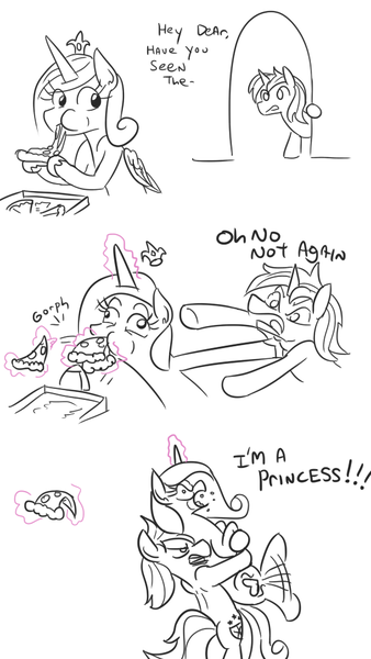 Size: 577x1024 | Tagged: safe, artist:jargon scott, derpibooru import, princess cadance, shining armor, pony, comic, derp, dialogue, eating, female, food, glowing horn, gorph, holding a pony, lactose intolerant, magic, majestic as fuck, male, peetzer, pizza, royal princessy duties, shiningcadance, shipping, simple background, straight, telekinesis, this will end in farts, white background