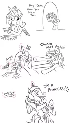 Size: 577x1024 | Tagged: safe, artist:jargon scott, derpibooru import, princess cadance, shining armor, pony, comic, derp, dialogue, eating, female, food, glowing horn, gorph, holding a pony, lactose intolerant, magic, majestic as fuck, male, peetzer, pizza, royal princessy duties, shiningcadance, shipping, simple background, straight, telekinesis, this will end in farts, white background