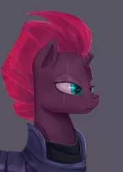 Size: 1001x1401 | Tagged: safe, artist:riukime, derpibooru import, tempest shadow, pony, unicorn, my little pony: the movie, armor, broken horn, eye scar, female, frown, mare, scar, simple background, solo