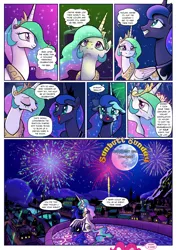 Size: 1358x1920 | Tagged: safe, artist:pencils, derpibooru import, pinkie pie, princess celestia, princess luna, alicorn, pony, comic:sunbutt sunday, breaking the fourth wall, comic, crown, crying, cute, dialogue, eyeshadow, feels, female, fireworks, floppy ears, fourth wall, happy new year, heartwarming, holiday, jewelry, love, makeup, mare, moon, peytral, pinkie pie out of nowhere, regalia, sisters, sitting, speech bubble, sweet dreams fuel, thought bubble, trio